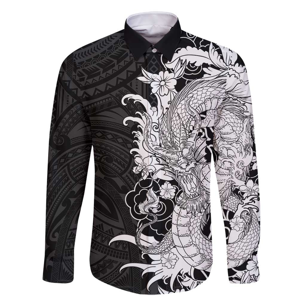 Hawaiian And Japanese Culture Family Matching Summer Maxi Dress and Hawaiian Shirt Irezumi Dragon With Polynesian Pattern Black - Polynesian Pride