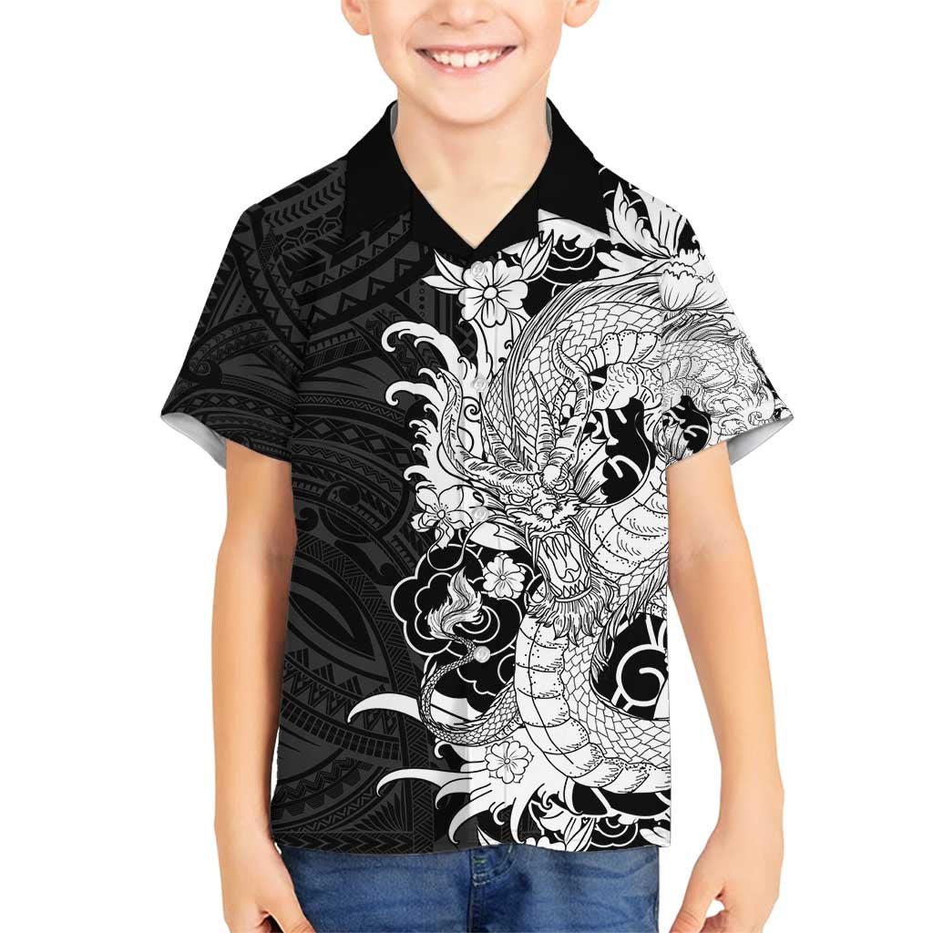 Hawaiian And Japanese Culture Family Matching Summer Maxi Dress and Hawaiian Shirt Irezumi Dragon With Polynesian Pattern Black - Polynesian Pride