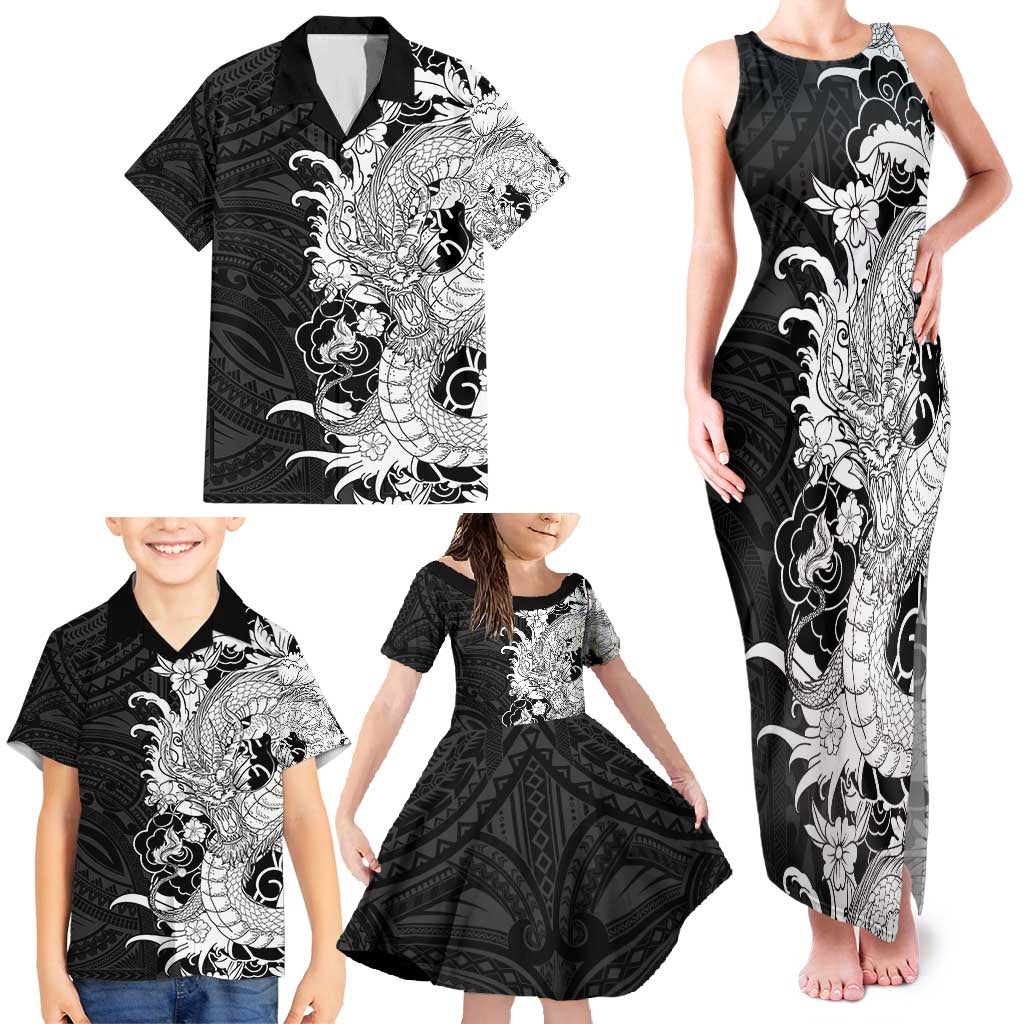 Hawaiian And Japanese Culture Family Matching Tank Maxi Dress and Hawaiian Shirt Irezumi Dragon With Polynesian Pattern Black - Polynesian Pride