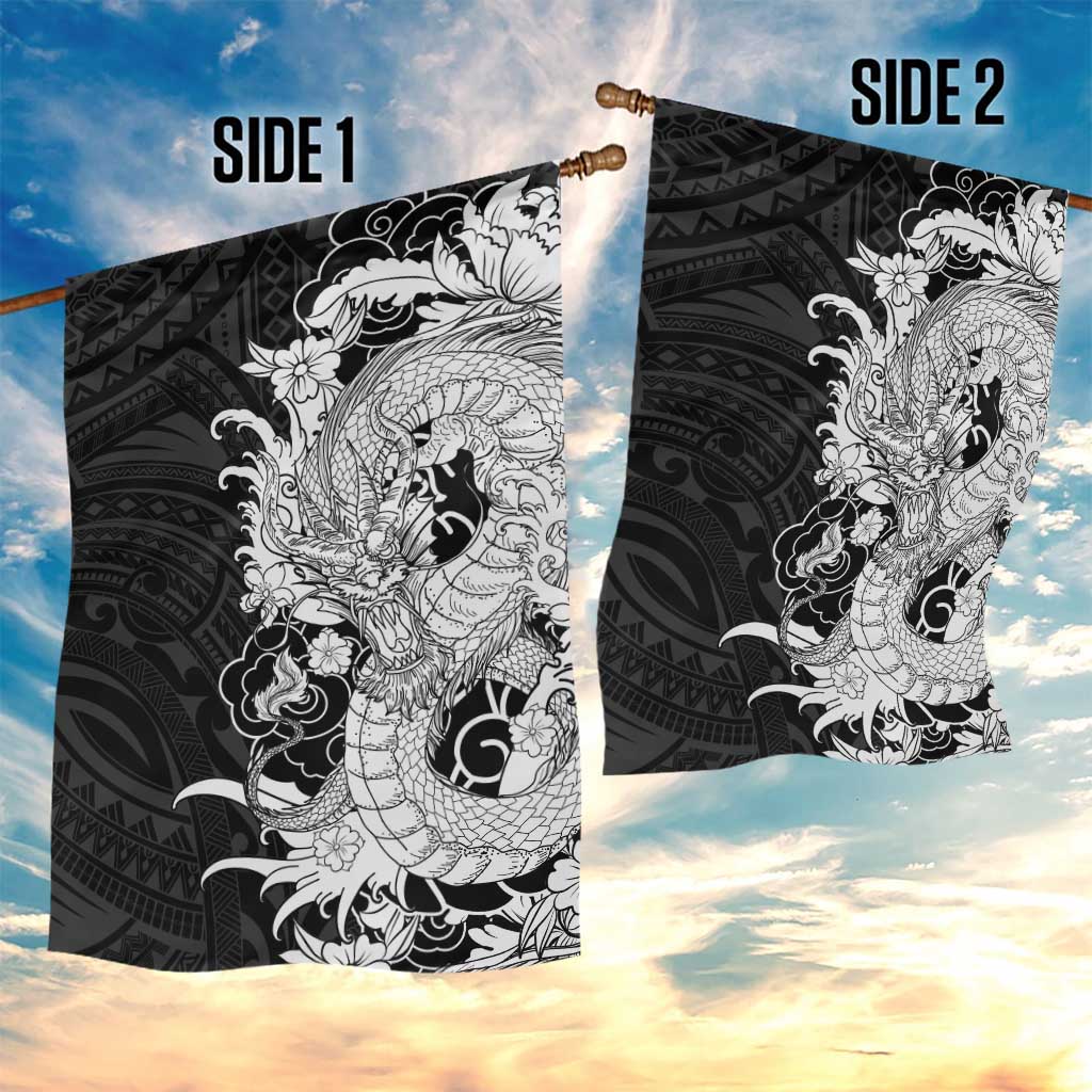 Hawaiian And Japanese Culture Garden Flag Irezumi Dragon With Polynesian Pattern Black - Polynesian Pride