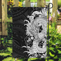 Hawaiian And Japanese Culture Garden Flag Irezumi Dragon With Polynesian Pattern Black - Polynesian Pride