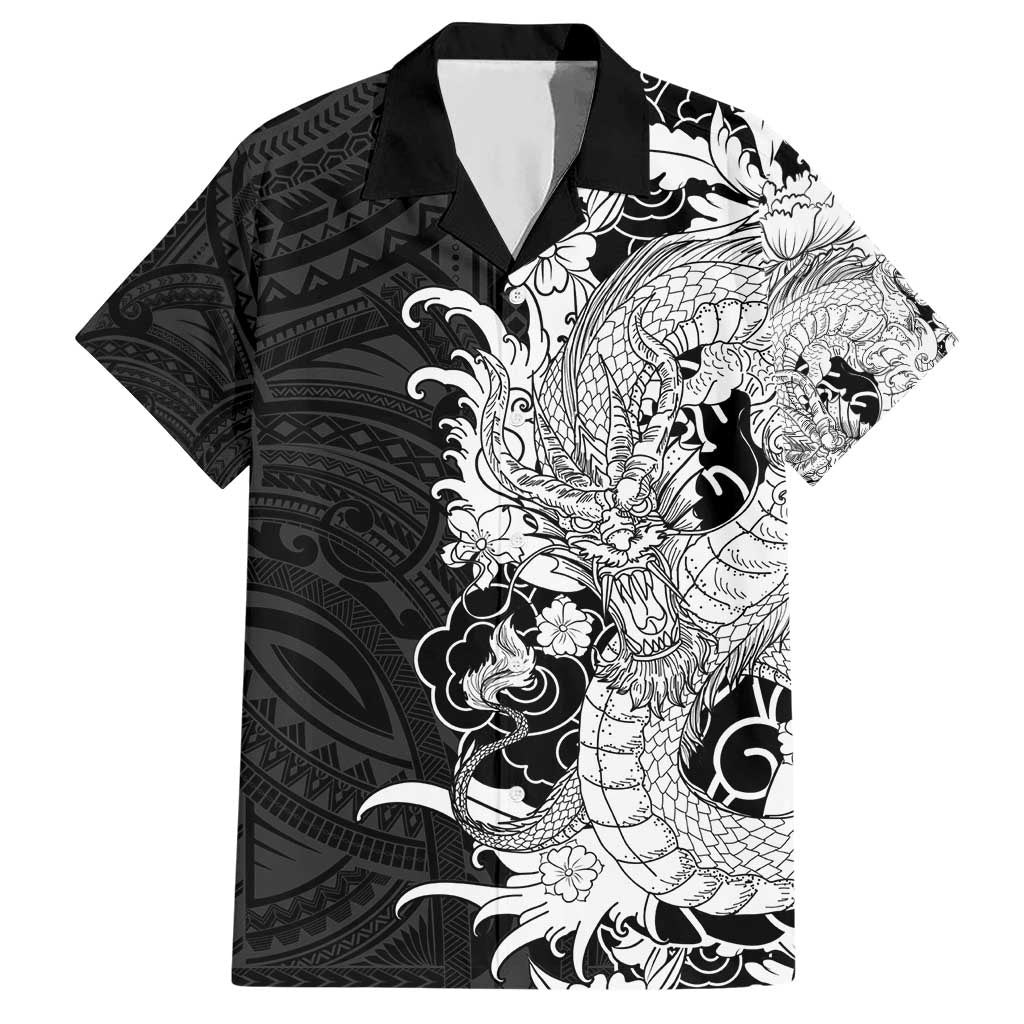 Hawaiian And Japanese Culture Hawaiian Shirt Irezumi Dragon With Polynesian Pattern Black - Polynesian Pride