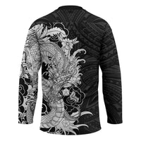 Hawaiian And Japanese Culture Hockey Jersey Irezumi Dragon With Polynesian Pattern Black - Polynesian Pride