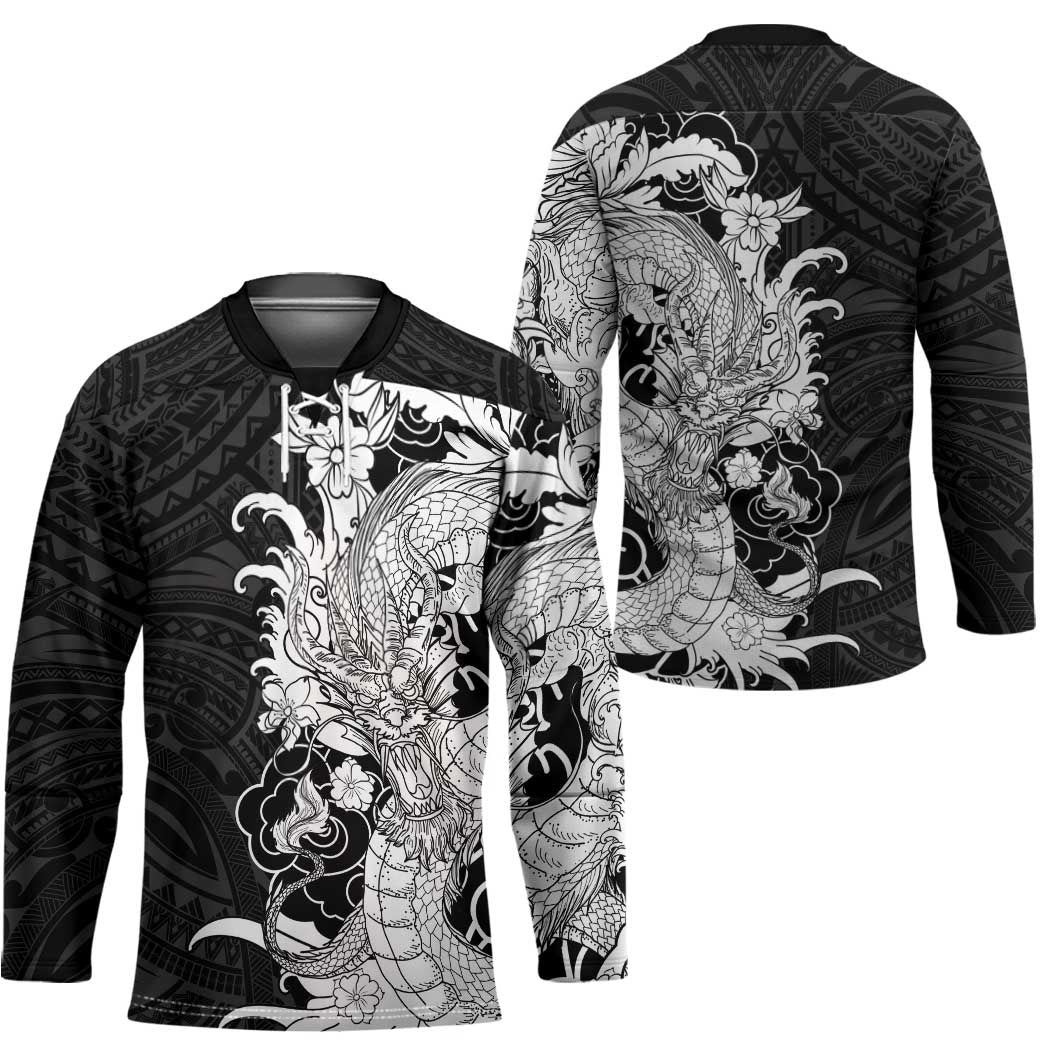 Hawaiian And Japanese Culture Hockey Jersey Irezumi Dragon With Polynesian Pattern Black - Polynesian Pride