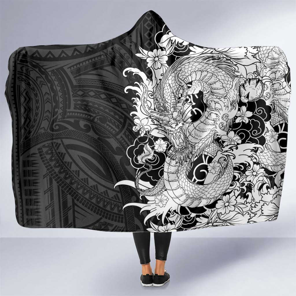 Hawaiian And Japanese Culture Hooded Blanket Irezumi Dragon With Polynesian Pattern Black LT05 One Size Black - Polynesian Pride