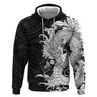 Hawaiian And Japanese Culture Hoodie Irezumi Dragon With Polynesian Pattern Black - Polynesian Pride