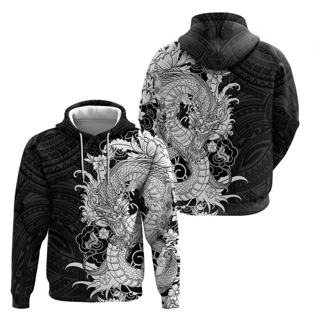 Hawaiian And Japanese Culture Hoodie Irezumi Dragon With Polynesian Pattern Black - Polynesian Pride