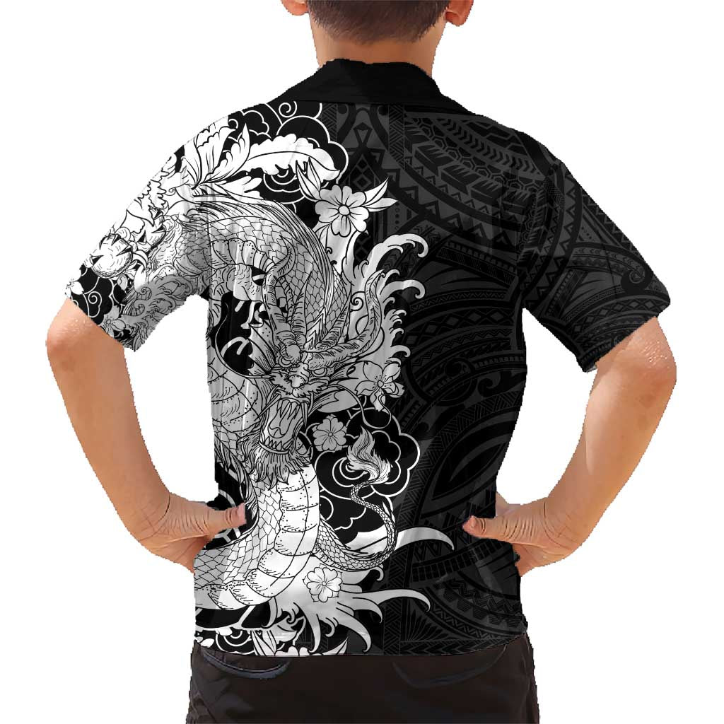 Hawaiian And Japanese Culture Kid Hawaiian Shirt Irezumi Dragon With Polynesian Pattern Black - Polynesian Pride