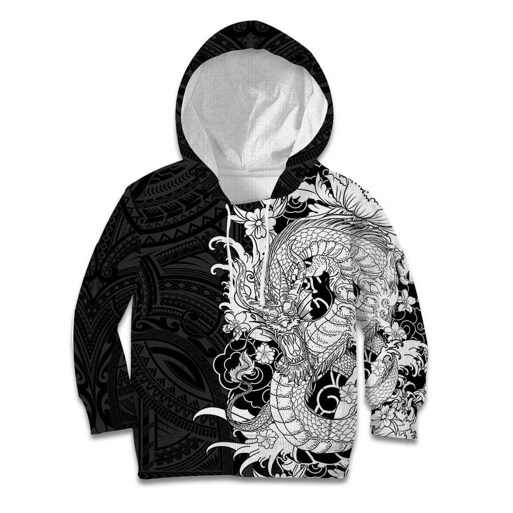 Hawaiian And Japanese Culture Kid Hoodie Irezumi Dragon With Polynesian Pattern Black - Polynesian Pride