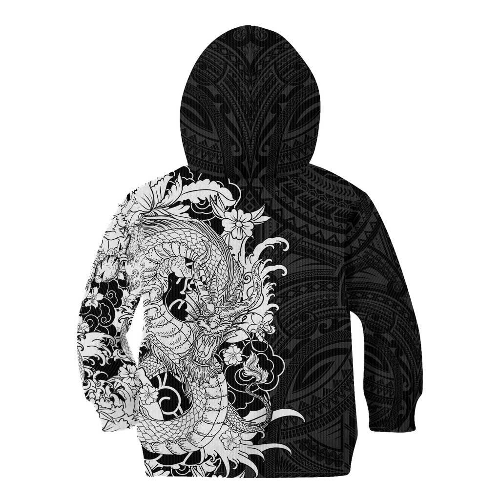 Hawaiian And Japanese Culture Kid Hoodie Irezumi Dragon With Polynesian Pattern Black - Polynesian Pride