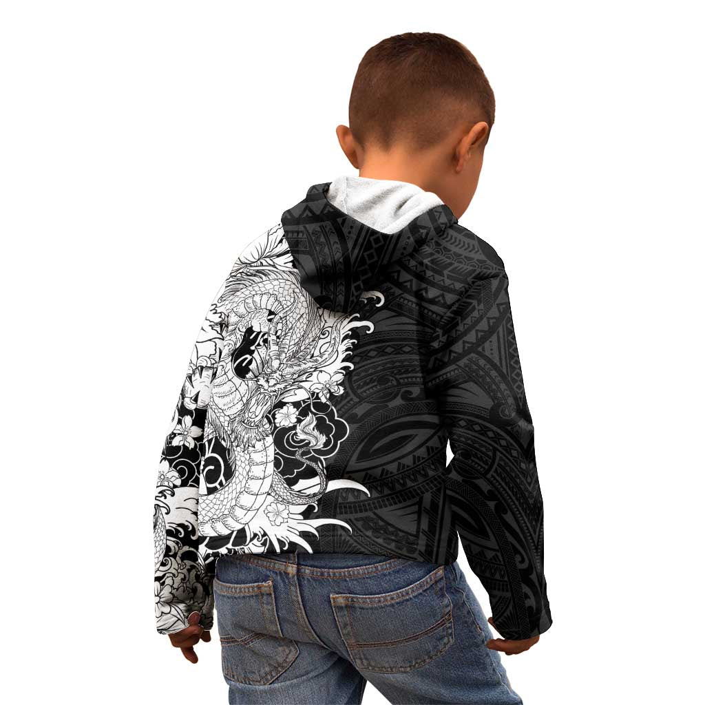 Hawaiian And Japanese Culture Kid Hoodie Irezumi Dragon With Polynesian Pattern Black - Polynesian Pride