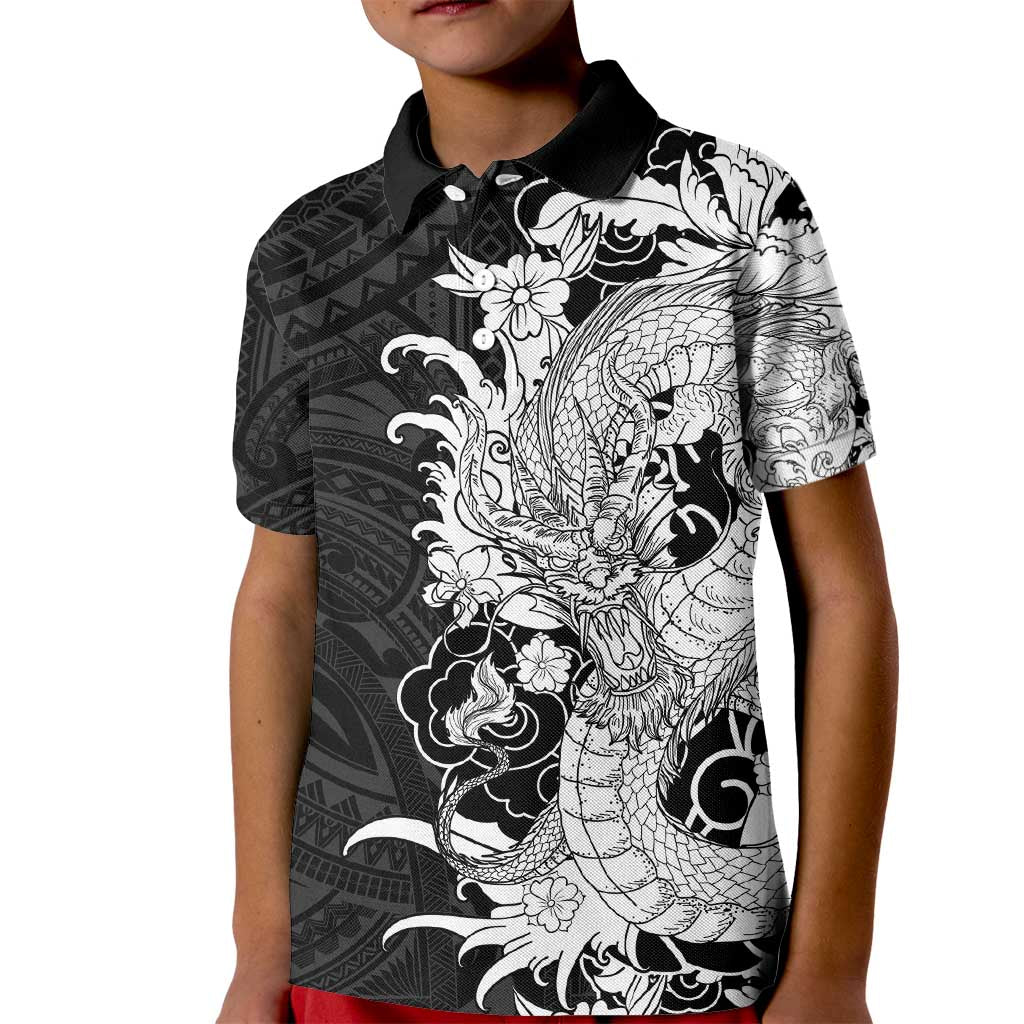 Hawaiian And Japanese Culture Kid Polo Shirt Irezumi Dragon With Polynesian Pattern Black - Polynesian Pride