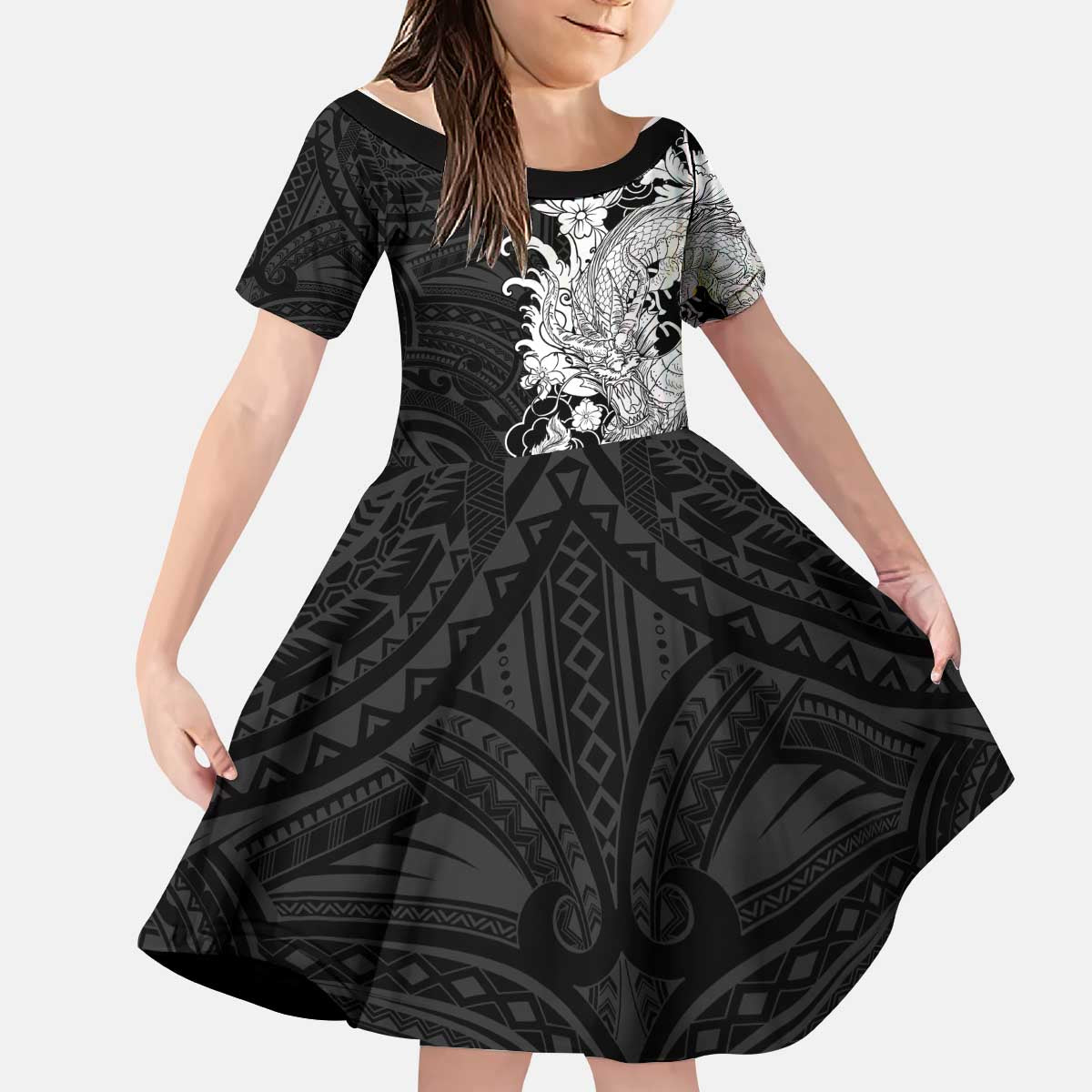 Hawaiian And Japanese Culture Kid Short Sleeve Dress Irezumi Dragon With Polynesian Pattern Black - Polynesian Pride