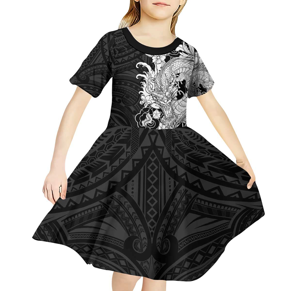 Hawaiian And Japanese Culture Kid Short Sleeve Dress Irezumi Dragon With Polynesian Pattern Black - Polynesian Pride