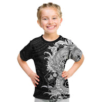 Hawaiian And Japanese Culture Kid T Shirt Irezumi Dragon With Polynesian Pattern Black - Polynesian Pride
