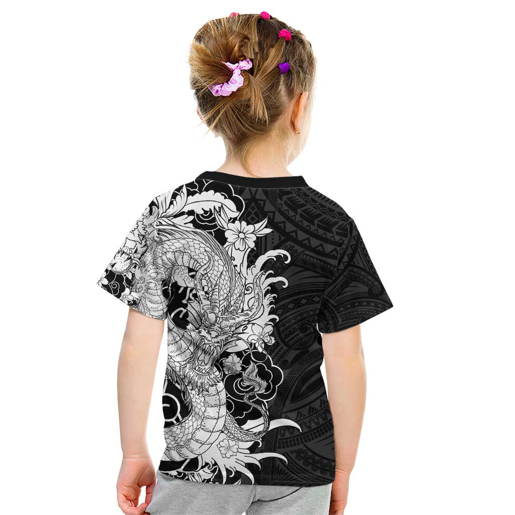 Hawaiian And Japanese Culture Kid T Shirt Irezumi Dragon With Polynesian Pattern Black - Polynesian Pride