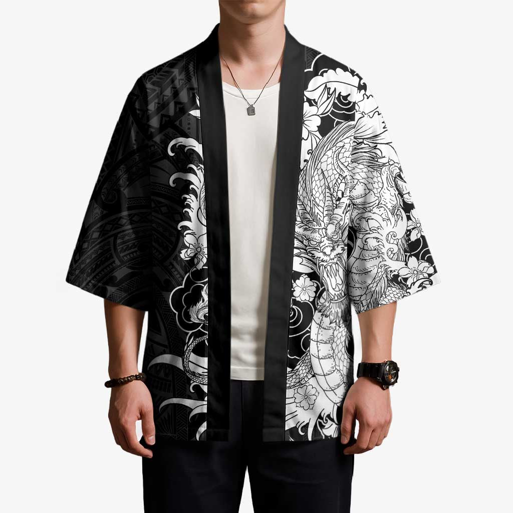 Hawaiian And Japanese Culture Kimono Irezumi Dragon With Polynesian Pattern Black - Polynesian Pride