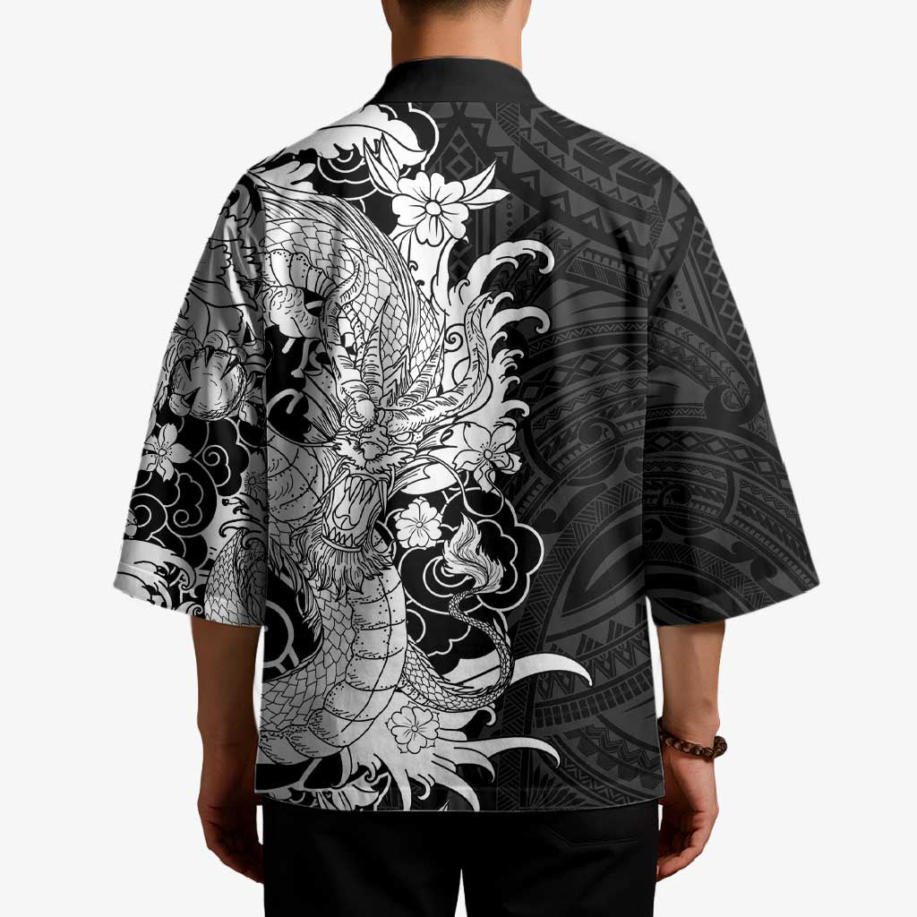 Hawaiian And Japanese Culture Kimono Irezumi Dragon With Polynesian Pattern Black - Polynesian Pride