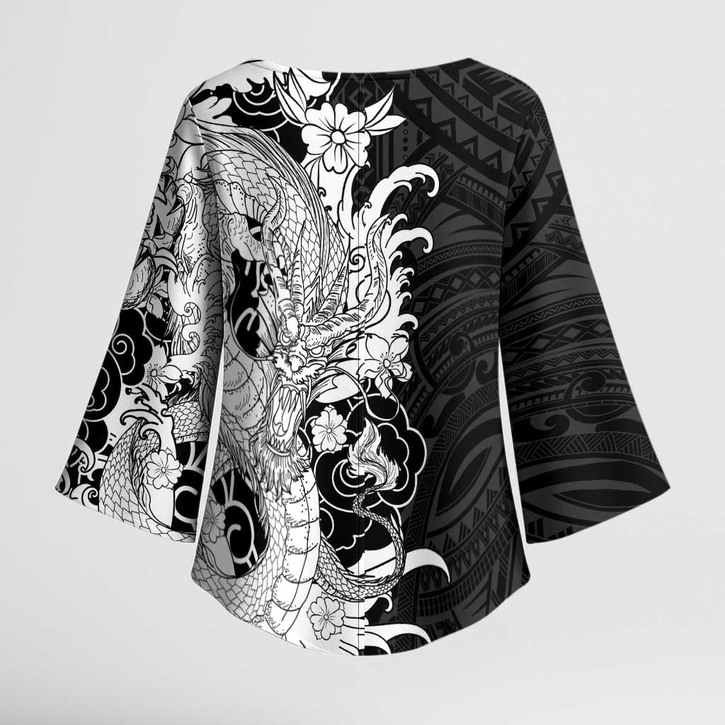 Hawaiian And Japanese Culture Kimono Sleeve Blouse Irezumi Dragon With Polynesian Pattern Black LT05 - Polynesian Pride