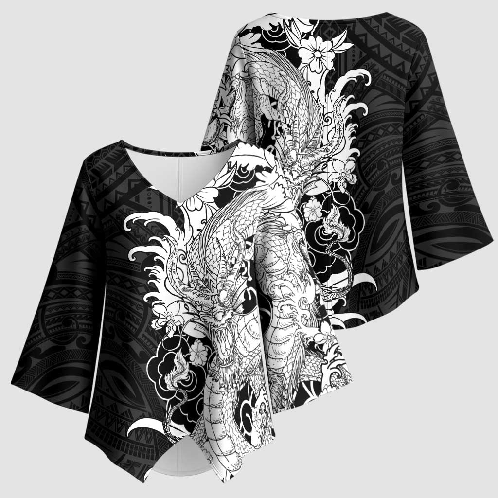 Hawaiian And Japanese Culture Kimono Sleeve Blouse Irezumi Dragon With Polynesian Pattern Black LT05 - Polynesian Pride
