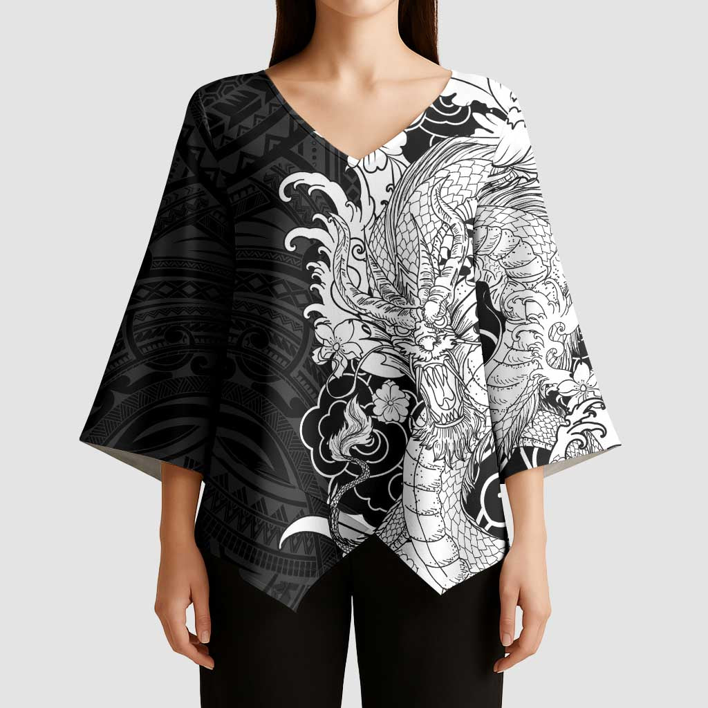 Hawaiian And Japanese Culture Kimono Sleeve Blouse Irezumi Dragon With Polynesian Pattern Black LT05 - Polynesian Pride