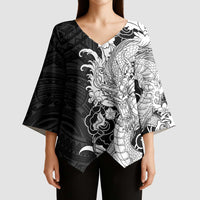 Hawaiian And Japanese Culture Kimono Sleeve Blouse Irezumi Dragon With Polynesian Pattern Black LT05 - Polynesian Pride