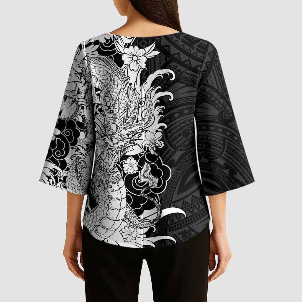Hawaiian And Japanese Culture Kimono Sleeve Blouse Irezumi Dragon With Polynesian Pattern Black LT05 - Polynesian Pride