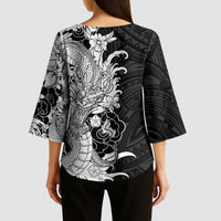 Hawaiian And Japanese Culture Kimono Sleeve Blouse Irezumi Dragon With Polynesian Pattern Black LT05 - Polynesian Pride