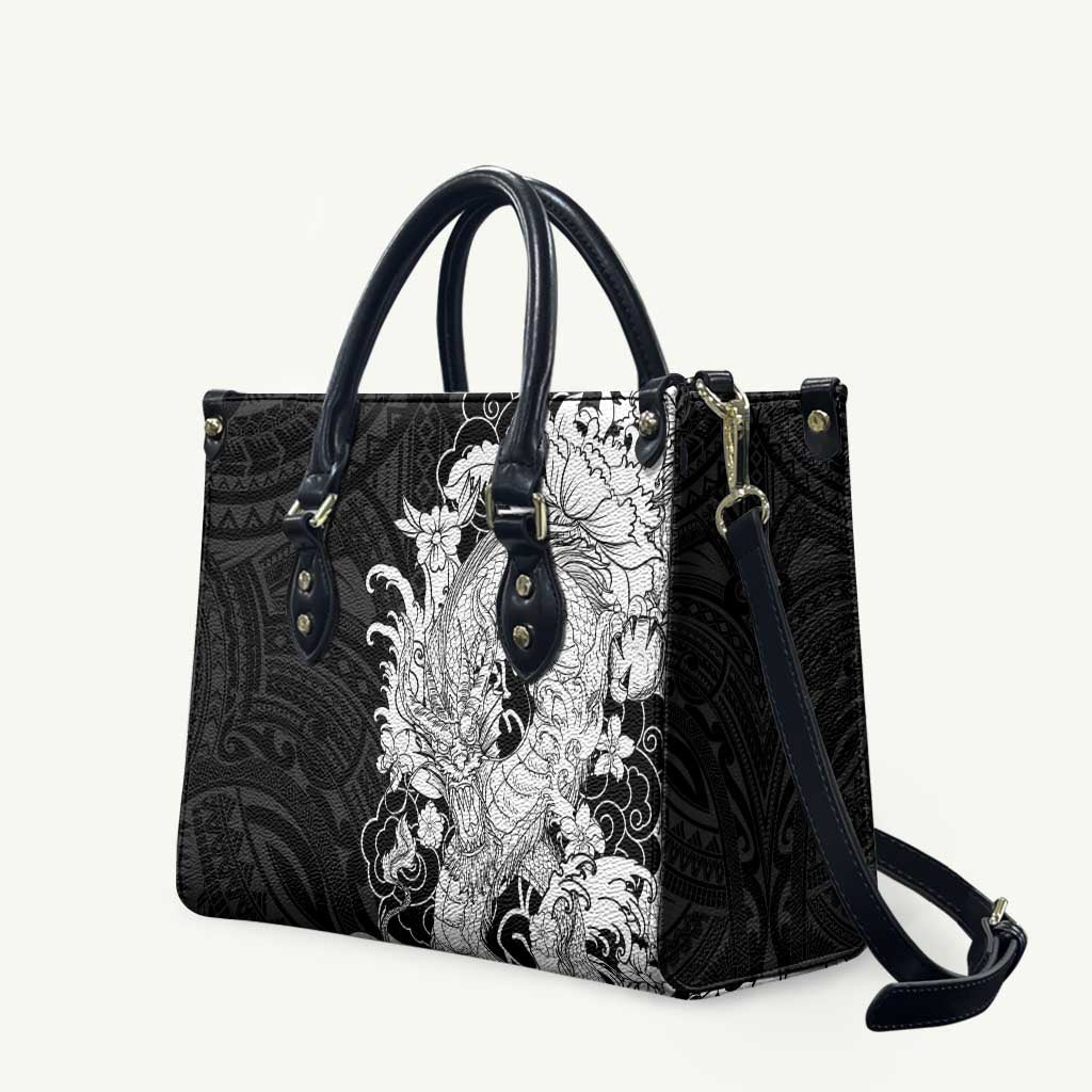 Hawaiian And Japanese Culture Leather Bag Irezumi Dragon With Polynesian Pattern Black - Polynesian Pride