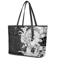 Hawaiian And Japanese Culture Leather Tote Bag Irezumi Dragon With Polynesian Pattern Black - Polynesian Pride