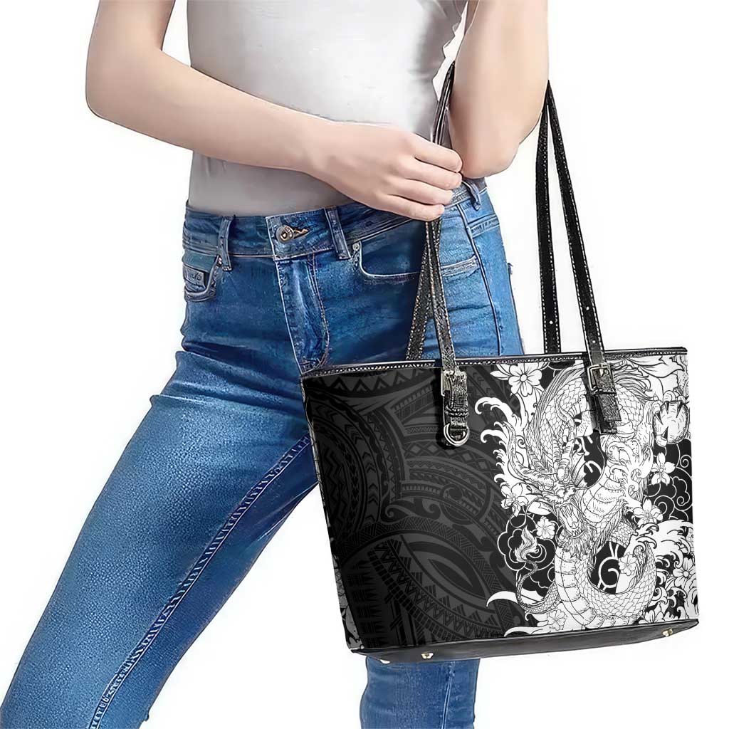 Hawaiian And Japanese Culture Leather Tote Bag Irezumi Dragon With Polynesian Pattern Black - Polynesian Pride