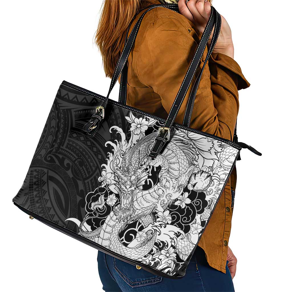 Hawaiian And Japanese Culture Leather Tote Bag Irezumi Dragon With Polynesian Pattern Black - Polynesian Pride