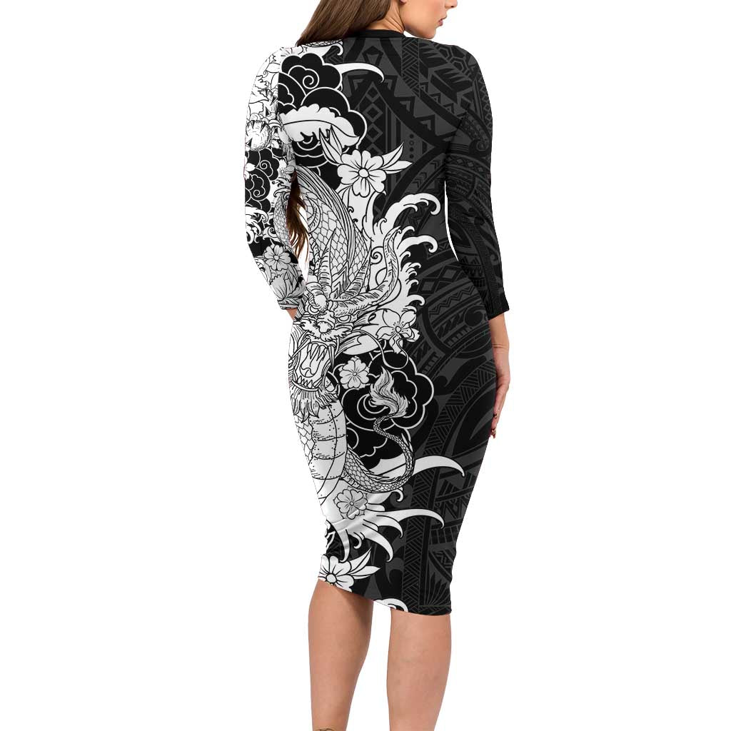 Hawaiian And Japanese Culture Long Sleeve Bodycon Dress Irezumi Dragon With Polynesian Pattern Black - Polynesian Pride