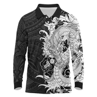 Hawaiian And Japanese Culture Long Sleeve Polo Shirt Irezumi Dragon With Polynesian Pattern Black LT05 Black - Polynesian Pride