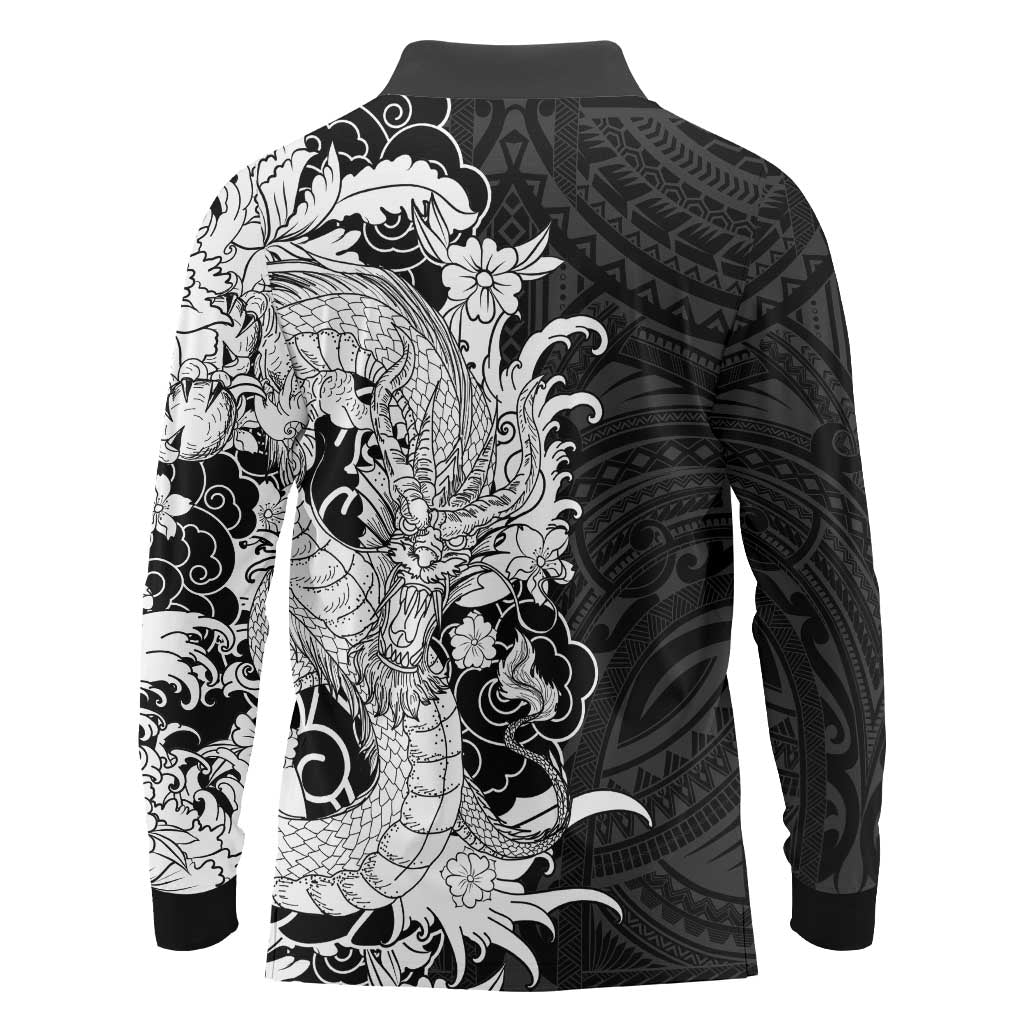 Hawaiian And Japanese Culture Long Sleeve Polo Shirt Irezumi Dragon With Polynesian Pattern Black LT05 - Polynesian Pride