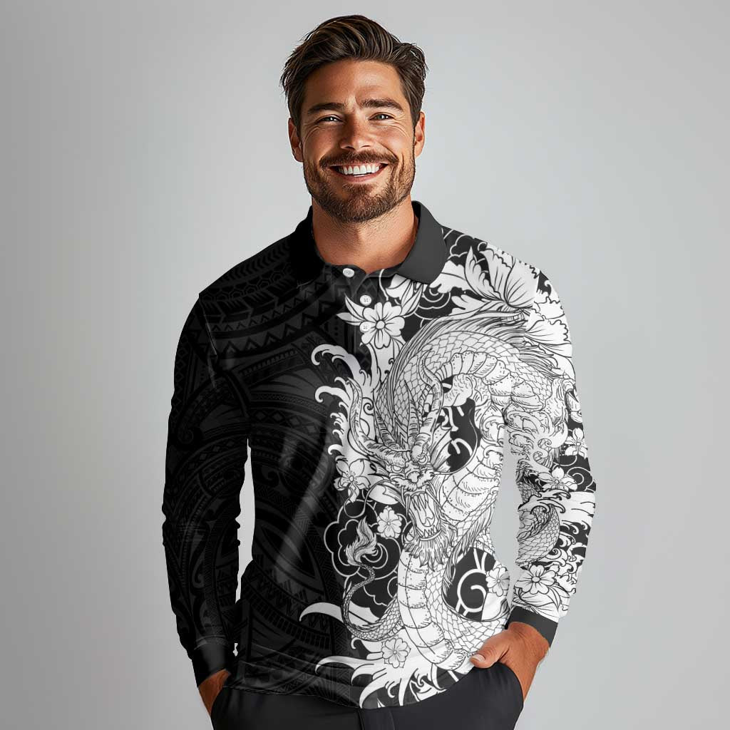Hawaiian And Japanese Culture Long Sleeve Polo Shirt Irezumi Dragon With Polynesian Pattern Black LT05 - Polynesian Pride