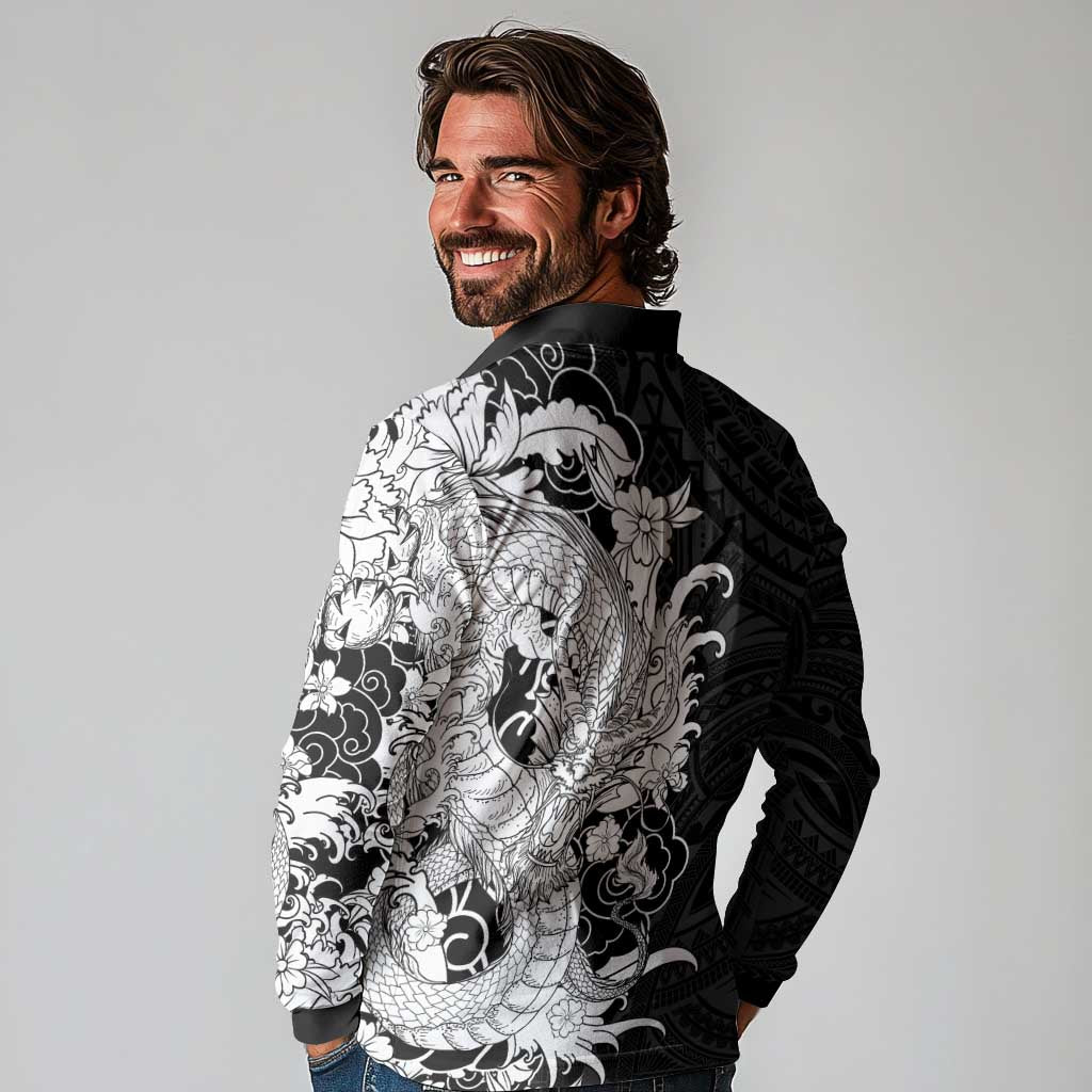 Hawaiian And Japanese Culture Long Sleeve Polo Shirt Irezumi Dragon With Polynesian Pattern Black LT05 - Polynesian Pride