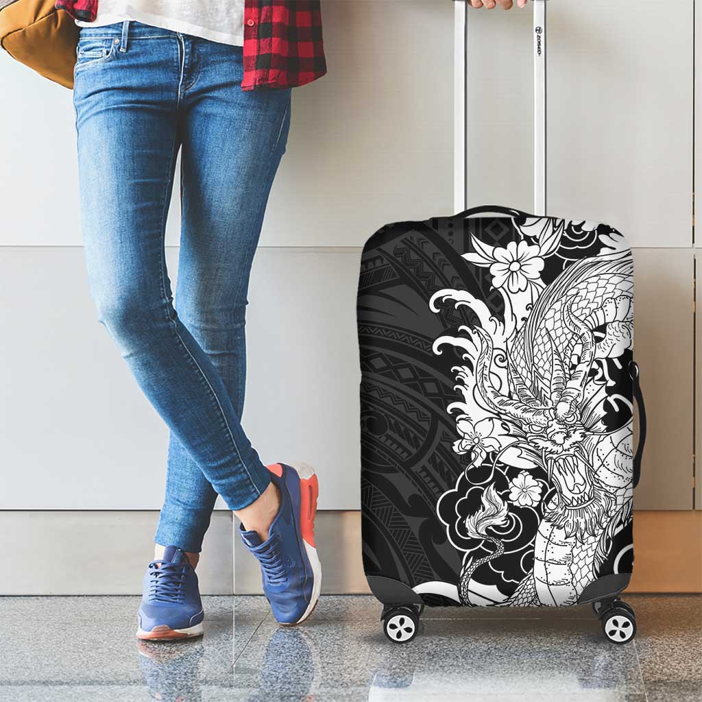 Hawaiian And Japanese Culture Luggage Cover Irezumi Dragon With Polynesian Pattern Black - Polynesian Pride