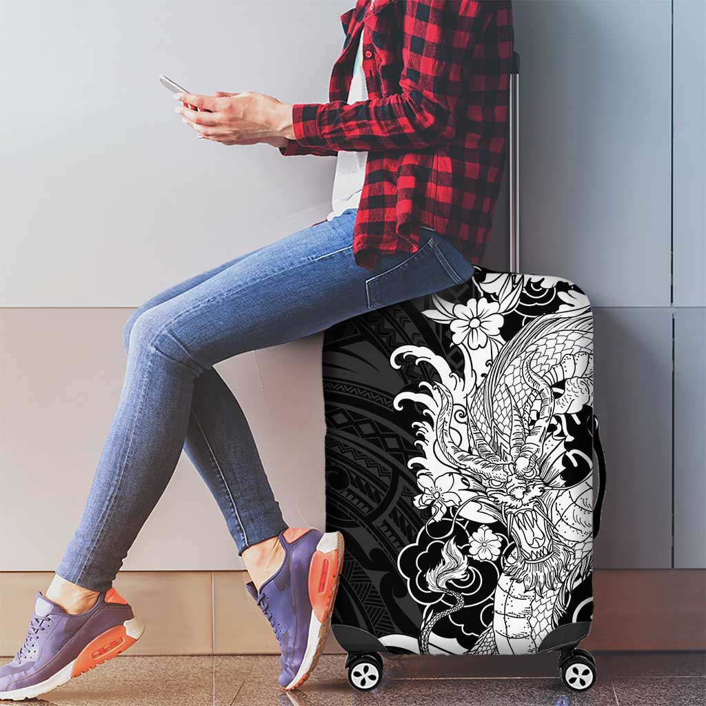 Hawaiian And Japanese Culture Luggage Cover Irezumi Dragon With Polynesian Pattern Black - Polynesian Pride