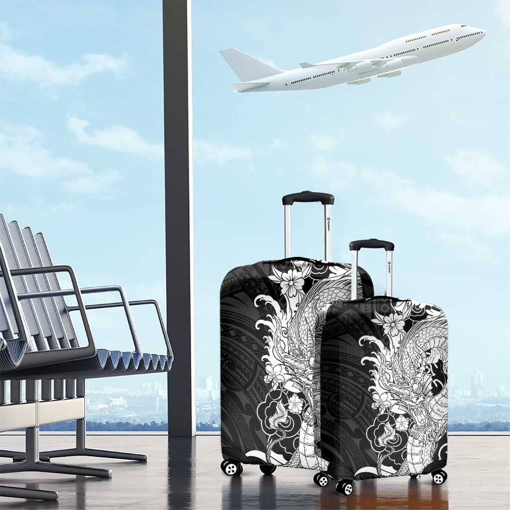 Hawaiian And Japanese Culture Luggage Cover Irezumi Dragon With Polynesian Pattern Black - Polynesian Pride
