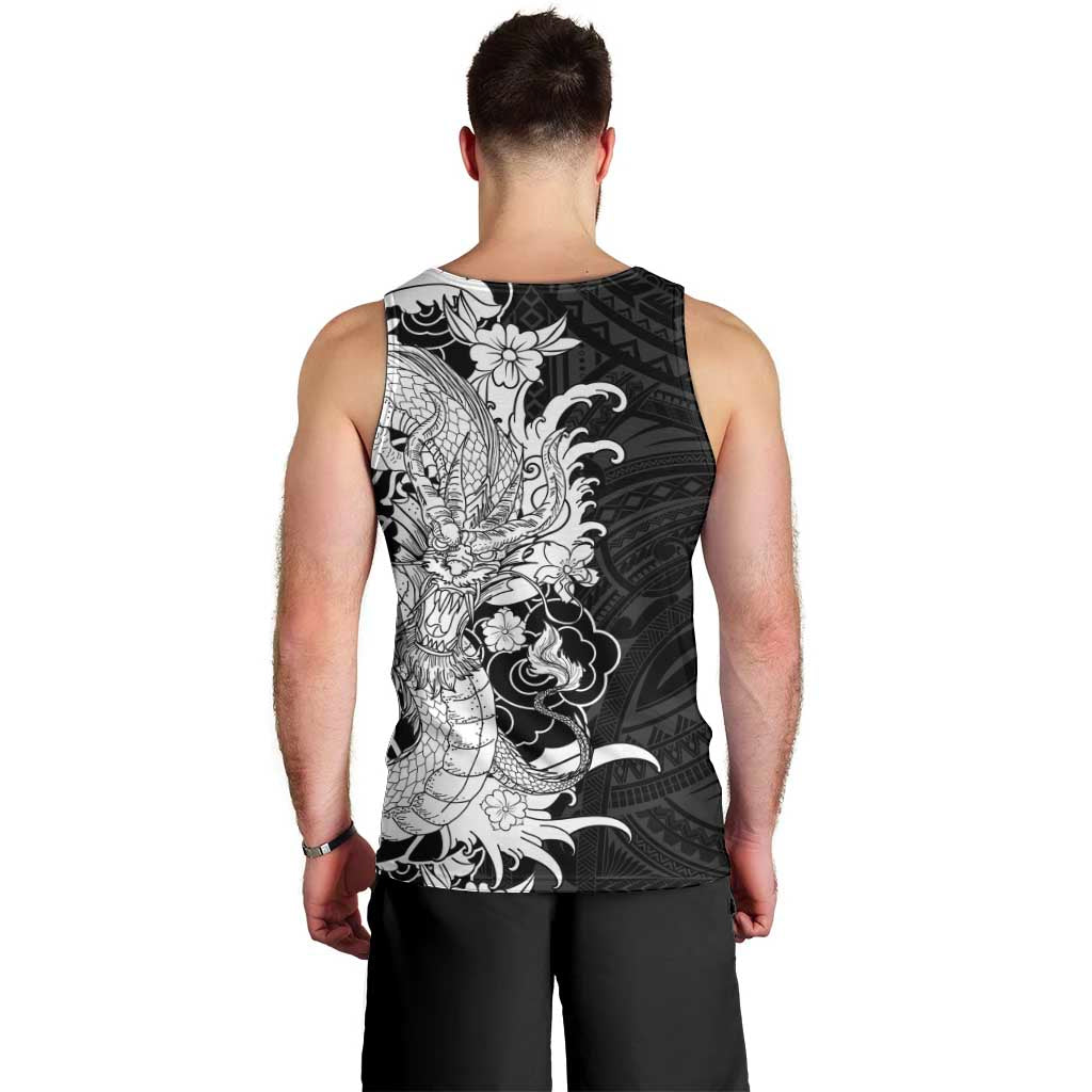 Hawaiian And Japanese Culture Men Tank Top Irezumi Dragon With Polynesian Pattern Black LT05 - Polynesian Pride