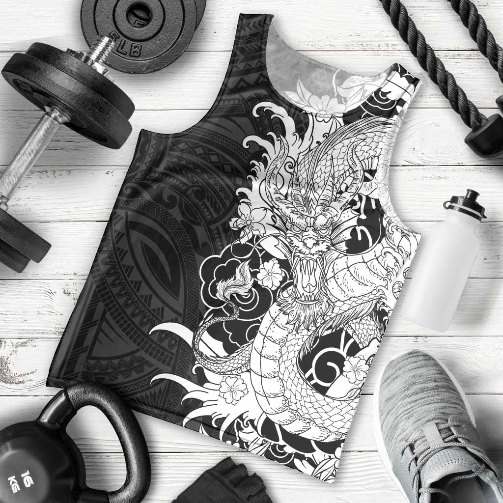 Hawaiian And Japanese Culture Men Tank Top Irezumi Dragon With Polynesian Pattern Black LT05 - Polynesian Pride