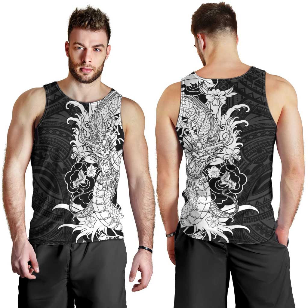 Hawaiian And Japanese Culture Men Tank Top Irezumi Dragon With Polynesian Pattern Black LT05 - Polynesian Pride