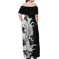 Hawaiian And Japanese Culture Off Shoulder Maxi Dress Irezumi Dragon With Polynesian Pattern Black - Polynesian Pride
