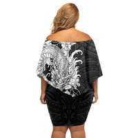 Hawaiian And Japanese Culture Off Shoulder Short Dress Irezumi Dragon With Polynesian Pattern Black - Polynesian Pride