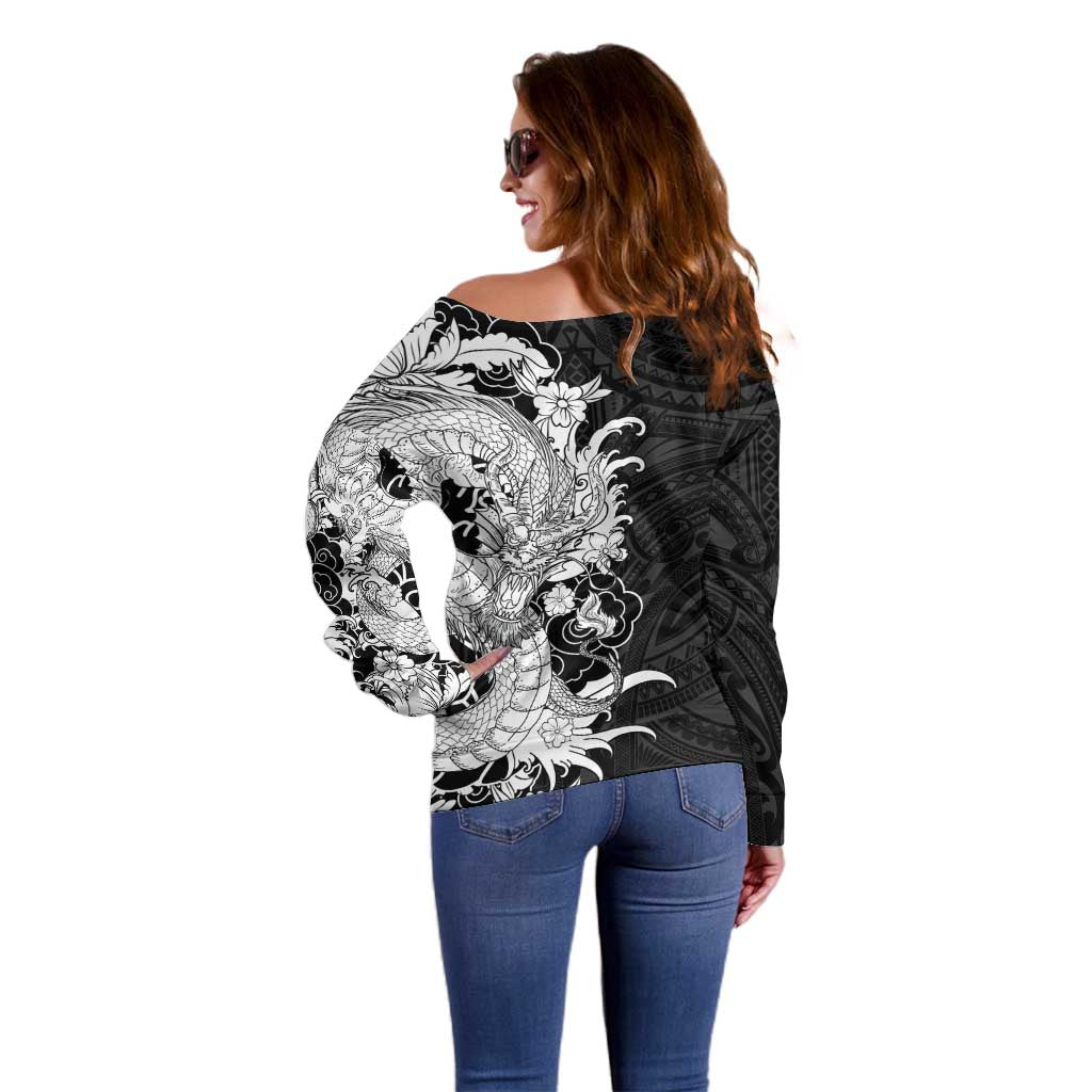 Hawaiian And Japanese Culture Off Shoulder Sweater Irezumi Dragon With Polynesian Pattern Black - Polynesian Pride