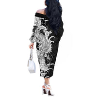 Hawaiian And Japanese Culture Off The Shoulder Long Sleeve Dress Irezumi Dragon With Polynesian Pattern Black - Polynesian Pride
