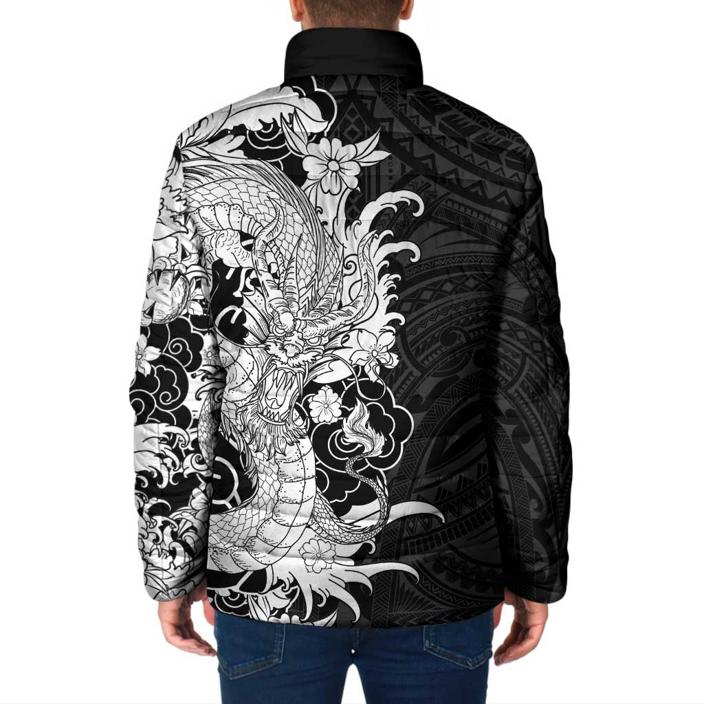Hawaiian And Japanese Culture Padded Jacket Irezumi Dragon With Polynesian Pattern Black LT05 - Polynesian Pride
