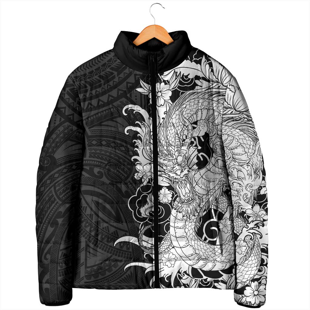 Hawaiian And Japanese Culture Padded Jacket Irezumi Dragon With Polynesian Pattern Black LT05 - Polynesian Pride