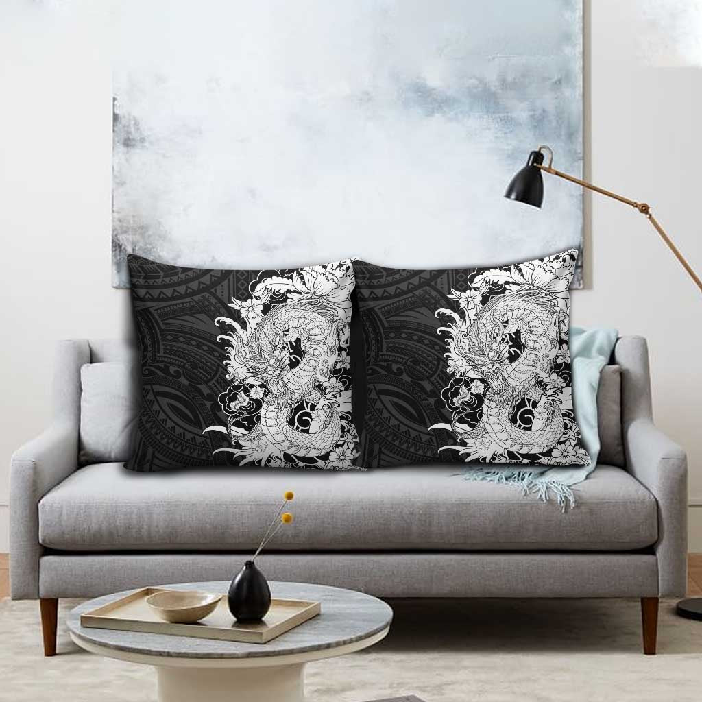 Hawaiian And Japanese Culture Pillow Cover Irezumi Dragon With Polynesian Pattern Black - Polynesian Pride